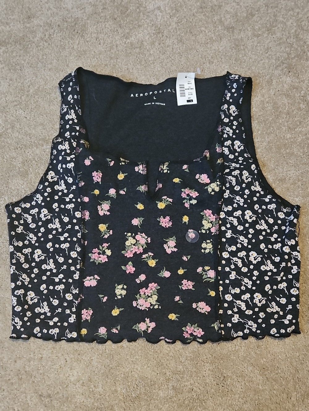 Aeropostale Black Floral Paneled Tank Top with Pink & Yellow Blooms